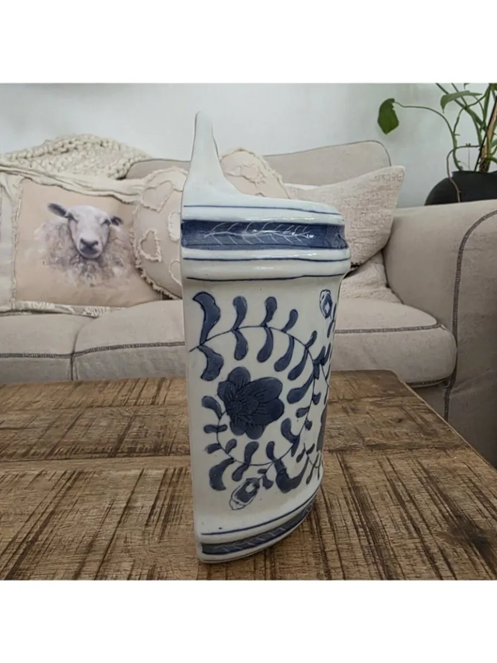 Blue & White Chinoserie Floral Wall Pocket Planter Ceramic 9.75